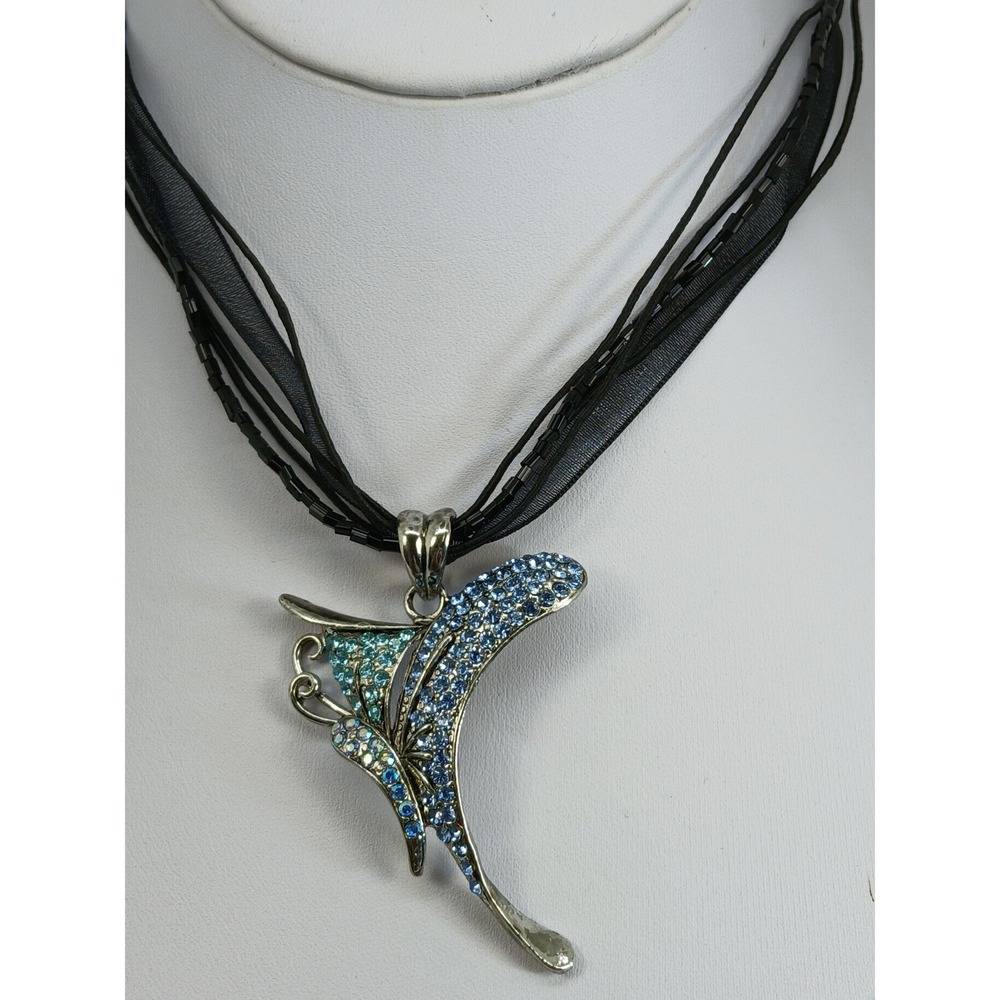 Blue Rhinestone Butterfly Pendant Multi Strand Black Ribbon Necklace Chocker NOS - Picture 8 of 17